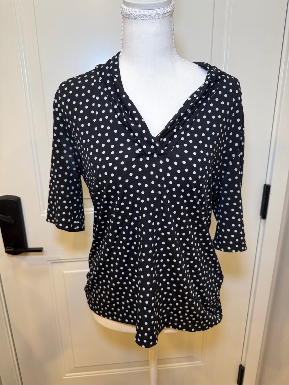 Anne Klein Black and White Polka Dot V-Neck Tunic